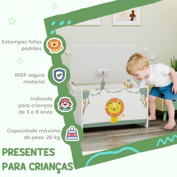 Baú Brinquedos Infantil 53 L Caixa de Arrumação Brinquedos com Tampa Rebatível e Pistão a Gás 60x37x39 cm Verde