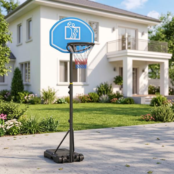 Tabela de Basquetebol com Altura Ajustável 160 - 210cm Rodas e Base Recarregável 76x70x197,5 - 254cm Preto e Azul