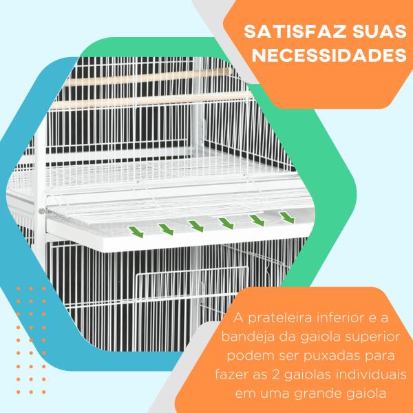 Gaiola para Pássaros 2 em 1 com 2 Andares Rodas 4 Comedouros 4 Poleiros e Bandejas Amovíveis 78x75x168 cm Branco
