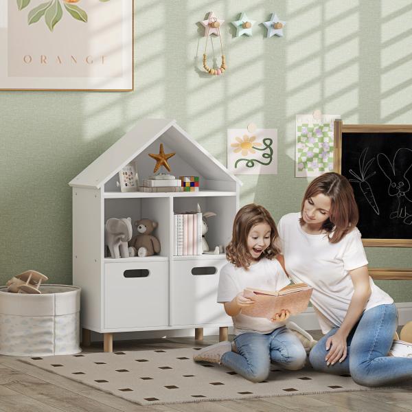 Estante para Livros Infantil de 3 Níveis em Forma de Casa com 3 Prateleiras e 2 Armários, para Crianças dos 3 aos 8 Anos, Branco