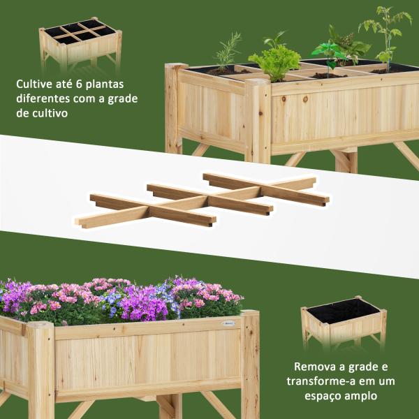 Horta Urbana de Madeira Mesa de Cultivo com 6 Compartimentos e Prateleira Inferior para Plantas e Flores em Jardim Terraço Exterior Capacidade 80 kg 78,5x58x81 cm Cor Natural