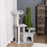 Arranhador para Gatos Altura 114 cm com Postes de Sisal 3 Plataformas Caverna e 2 Bolas Suspensas Cinza Claro