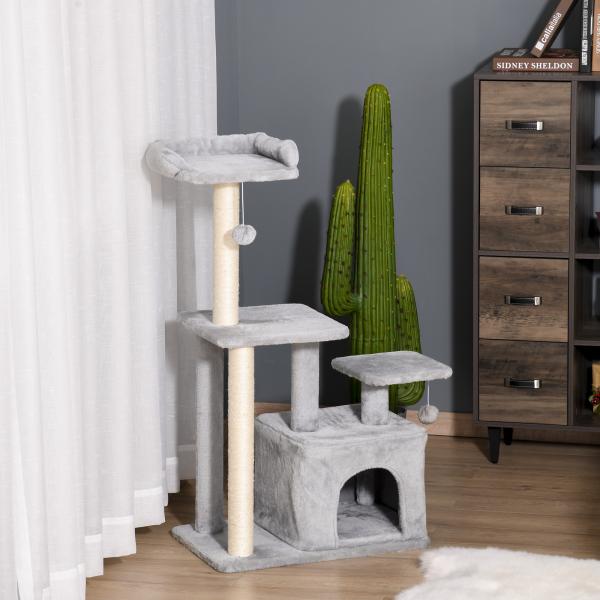 Arranhador para Gatos Altura 114 cm com Postes de Sisal 3 Plataformas Caverna e 2 Bolas Suspensas Cinza Claro