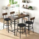 Conjunto de Mesa Alta de Bar com 4 Bancos, Assentos em PU com Encosto e Apoio para os Pés, Castanho