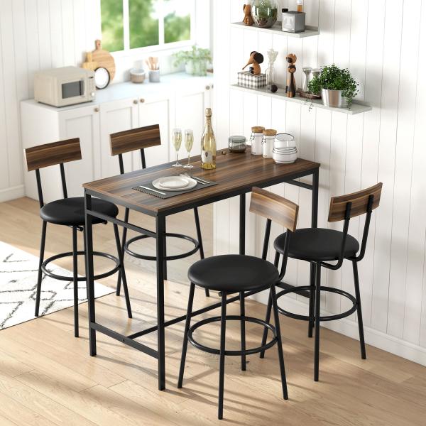 Conjunto de Mesa Alta de Bar com 4 Bancos, Assentos em PU com Encosto e Apoio para os Pés, Castanho
