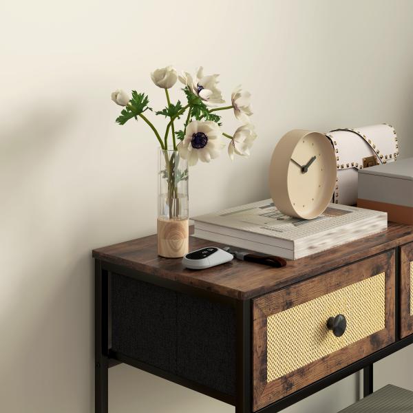 Mesa Consola Móvel de Entrada com Prateleira Aberta 2 Gavetas Frente em Vime Consola de Entrada 80x30x75 cm Marrom Rústico
