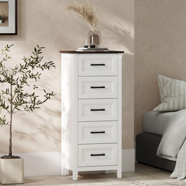 Cómoda 5 Gavetas Cómoda de Dormitório Estreita e Alta com Bancada com Efeito Madeira 45x35x106 cm Branco