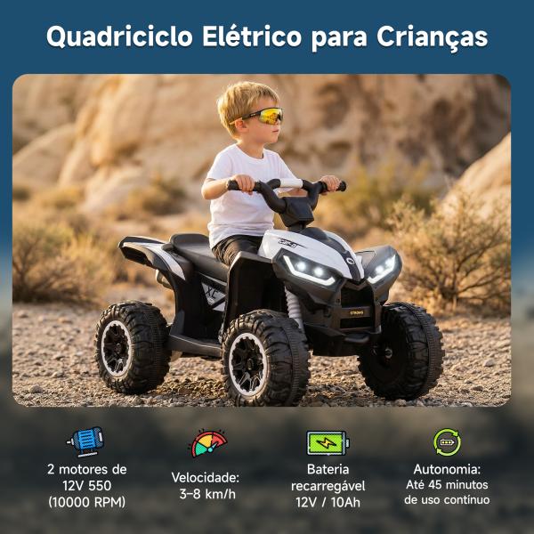 Quadriciclo Elétrico para Crianças de 3 - 5 Anos Veículo Eléctrico a Bateria 12V com 2 Motores 83x53x55,5cm Branco
