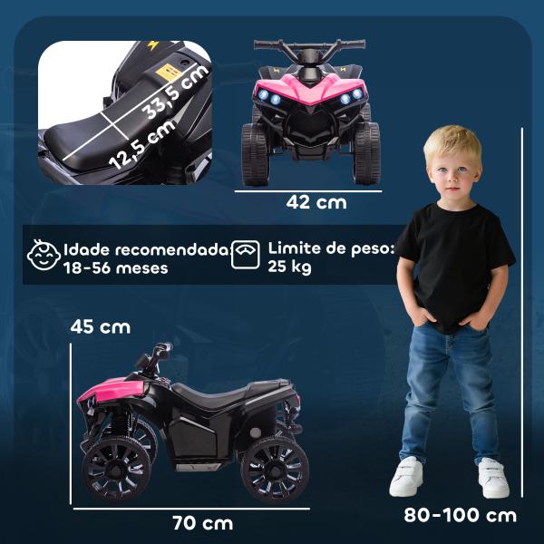 Quadriciclo Elétrico para Crianças 6 V Quadriciclo para Crianças com Velocidade até 3 km/h Faróis e Música 70x42x45 cm Rosa