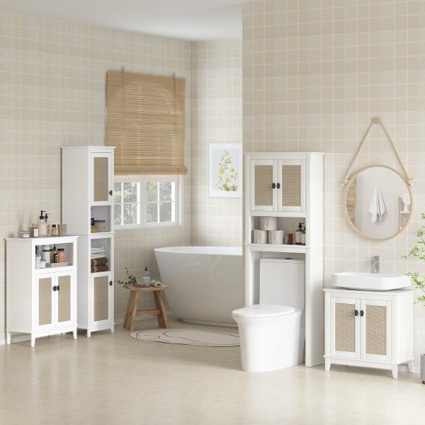 Móvel sobre Sanita Armário sobre Sanita com 2 Portas com Frente em Vime Compartimento e Prateleira Ajustável 60x19,5x160 cm Branco