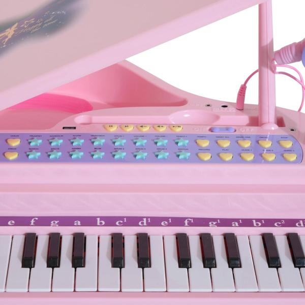 Piano para Crianças com 37 Teclas Microfone Banco Luzes 22 Músicas e Entrada para MP3 e USB 48x39x69 cm Rosa