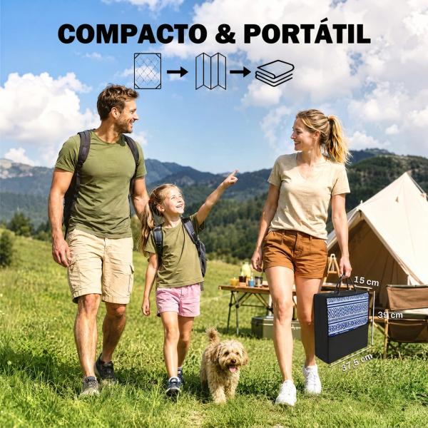 Tapete de Exterior 182x274 cm Tapete Reversível Estilo Moderno para Varanda Pátio Campismo Praia Azul Escuro e Branco