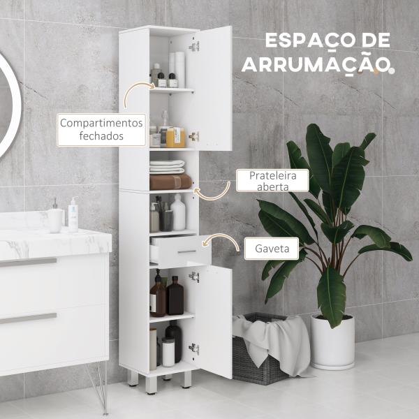 Coluna Casa de Banho Moderna com 1 Gaveta 3 Prateleiras Ajustáveis e 2 Armários Móvel Auxiliar de para Casa de Banho 30x30x180 cm Branco