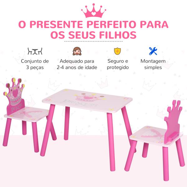 Conjunto de Mesa e 2 Cadeiras Infantis de madeira para crianças acima de 2 anos Set de Mesa 55x34x42cm e Cadeiras 28x26x50cm Rosa