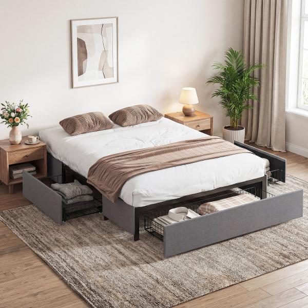 Cama de Casal 140x190 cm Estrado com 3 Gavetas e Estrutura Metálica Suporta 363 kg Cinzento