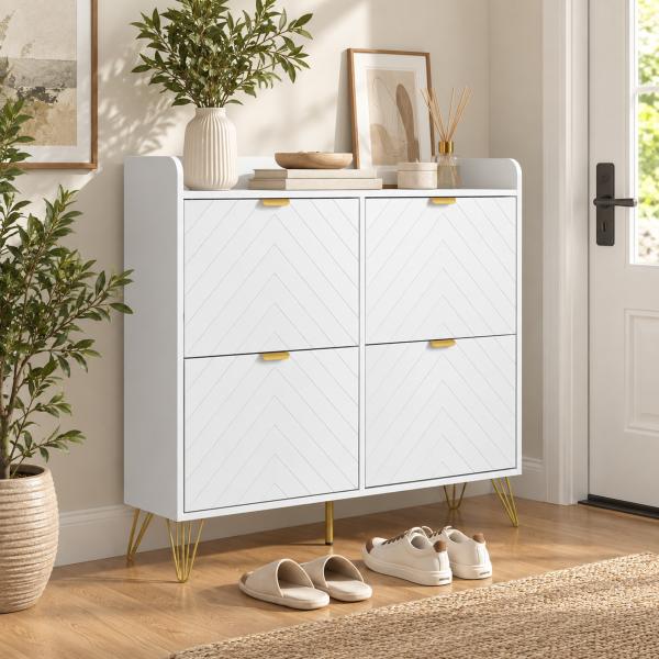 Sapateira Estreita com 4 Gavetas Basculantes e Prateleiras Ajustáveis para 16 Pares 106x24x102 cm Branco