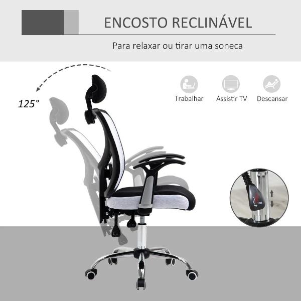 Cadeira de Escritório Ergonômica Cadeira de Escritório Giratória com Altura Ajustável Função Reclinável Apoio para a Cabeça e Suporte Lombar 65x67x108 - 118cm Branco
