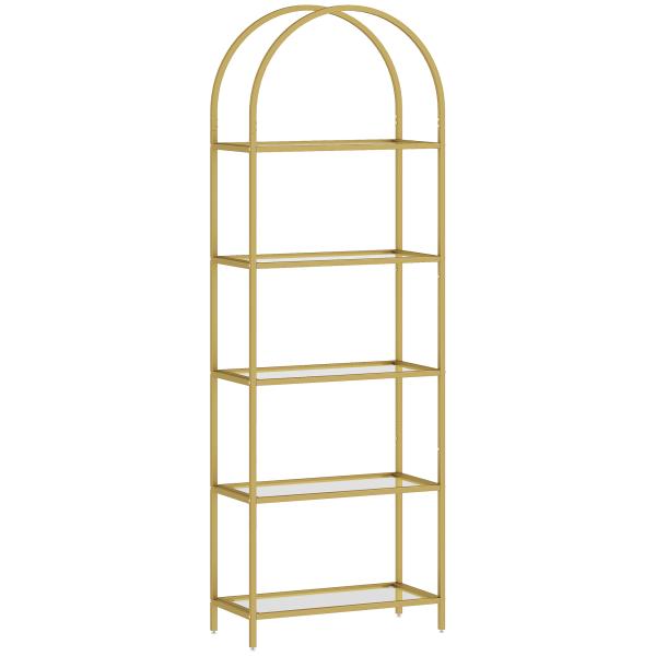 Estante de Vidro de 5 Níveis Estante de Arrumação Estrutura Arqueada Estante Estreita 60x30x175 cm Dourado