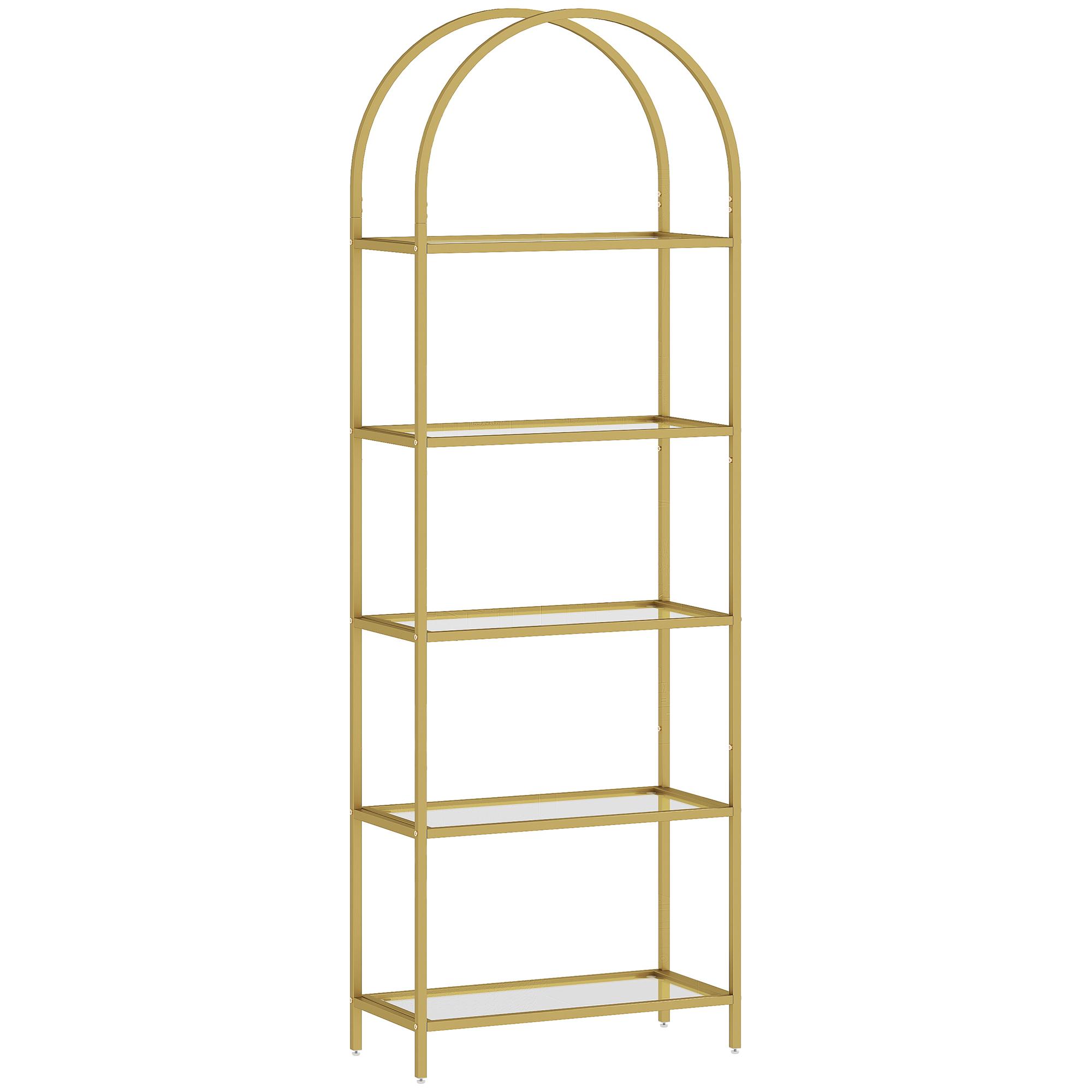 Estante de Vidro de 5 Níveis Estante de Arrumação Estrutura Arqueada Estante Estreita 60x30x175 cm Dourado