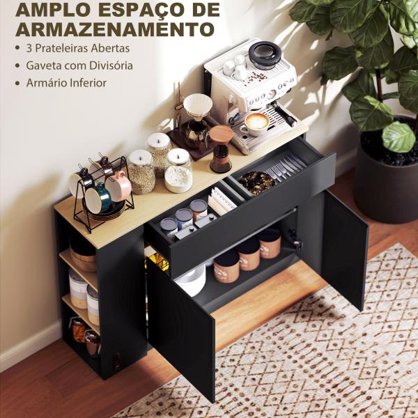 Aparador de Cozinha com Armário 2 Gavetas 3 Prateleiras Abertas 2 Portas e Prateleira Ajustável 110x29,5x82 cm Preto