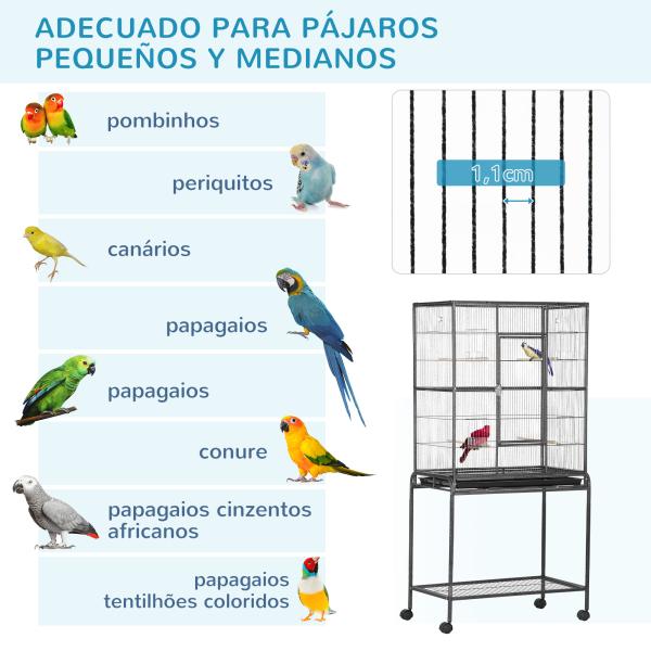 Gaiola para Pássaros com Rodas 81x48x162,5 cm com Bandeja 4 Poleiros 4 Comedouros e Prateleira Preto e Cinza