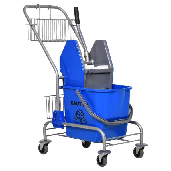 Carro de Limpeza Balde para Esfregona com Escorredor a Pressão Rodas e Cesto de Armazenamento Capacidade 26L 73x45x95 cm Azul