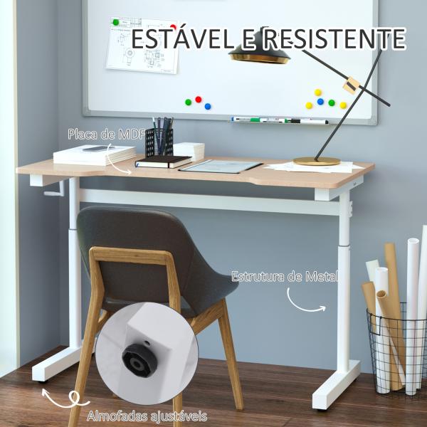 Secretária de Pé com Altura Ajustável a Manivela e Bancada de Carbono Secretária Elevatória para Escritório Estúdio Sala de Estar Carga Máxima 150kg 120x60x72 - 117cm Madeira e Branco