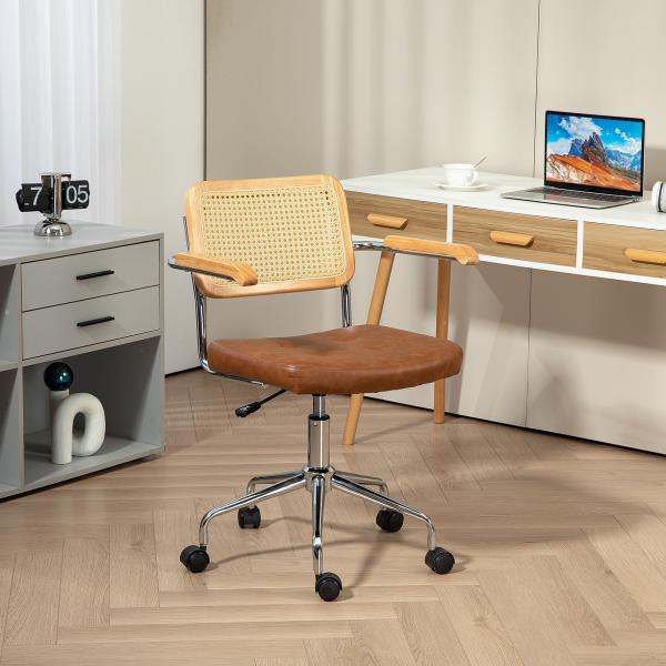 Cadeira de Escritório Giratória com Altura Ajustável Função Basculante e Encosto de Vime Sintético 60x55,5x82 - 90 cm Marrom