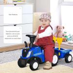 Trator para Crianças de 12 - 36 Meses com Reboque Removível Carro Andador com Buzina Farol Pá e Ancinho Carga 25kg 91x29x44cm Azul