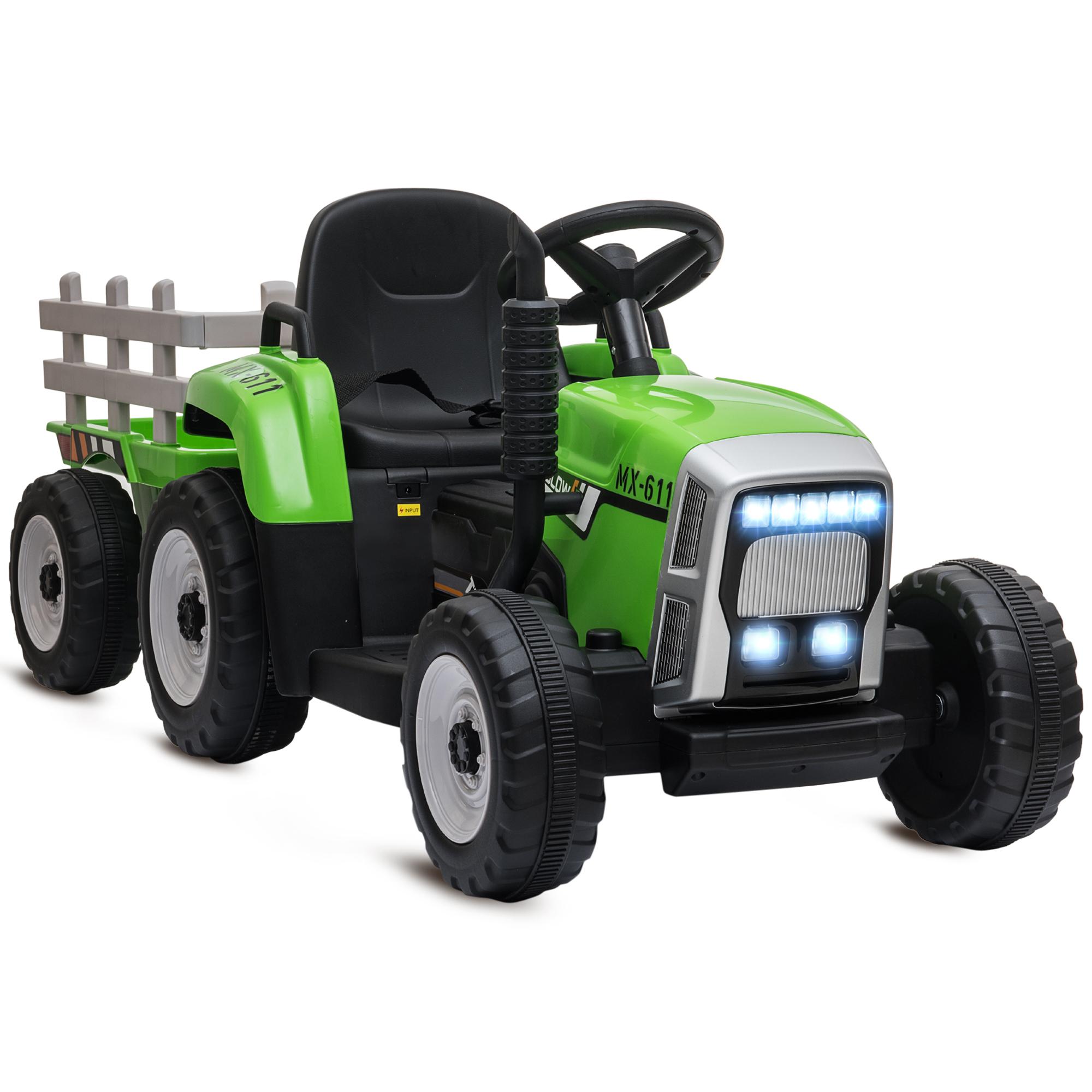 Trator Elétrico com Reboque Amovível com Controlo Remoto Música MP3 Luzes e Cinto de Segurança 136,5x50x52,5 cm Verde