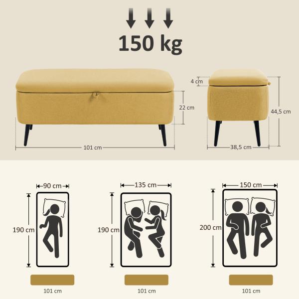 Banco de Armazenamento Estofado em Linho com Tampa Abatível e Pés de Aço Carga Máxima 150kg 101x38,5x44,5 cm Amarelo