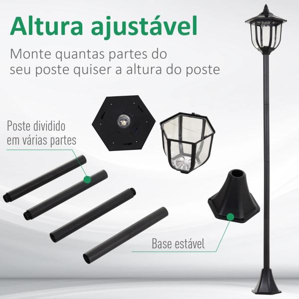 Candeeiro Solar com Painel Solar Candeeiro de Jardim com 6 LEDS Autonomia 6 - 8 horas Ø26x177 cm Preto