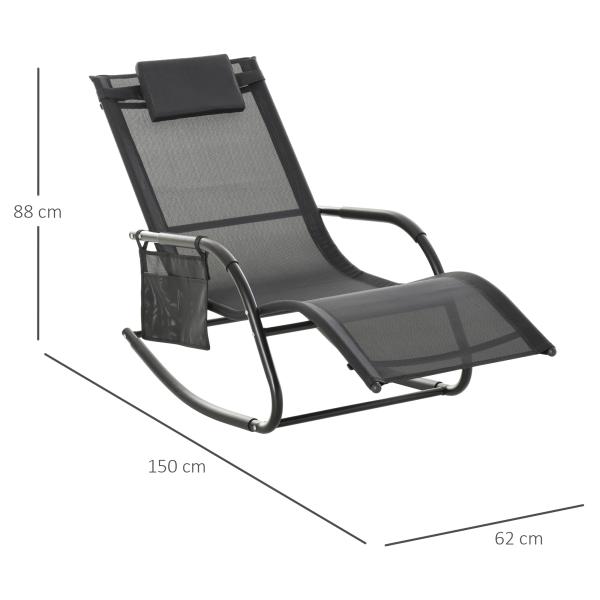 Espreguiçadeira Baloiço de Exterior com Apoio de Cabeça Acolchoado e Bolso Lateral 150x62x88 cm Preto