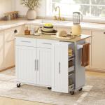 Ilha de Cozinha com Rodas Bancada Dobrável 2 Portas com Fecho Suave e Bandeja Extraível 129x65x91 cm Branco