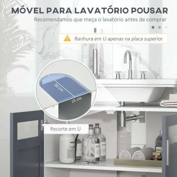 Móvel para Lavatório Pousar com 2 Portas com Vidro Temperado e Prateleira Ajustável 69x35x59 cm Branco e Cinza