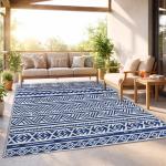 Tapete de Exterior 182x274 cm Tapete Reversível Estilo Moderno para Varanda Pátio Campismo Praia Azul Escuro e Branco