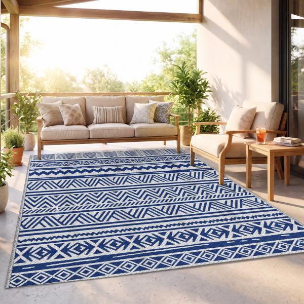 Tapete de Exterior 182x274 cm Tapete Reversível Estilo Moderno para Varanda Pátio Campismo Praia Azul Escuro e Branco