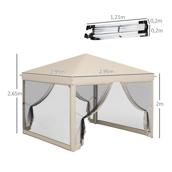 Tenda Dobrável 3x3 para Exterior com Mosquiteiras Bolsa de Transporte Estrutura de Aço e Tecido Oxford Resistente Bege