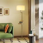 Candeeiro de Pé com Mesa Auxiliar Lâmpada E27 Máx. 40W Ecrã de Linho Interruptor de Corrente e Carregador USB Ø40x170 cm Dourado