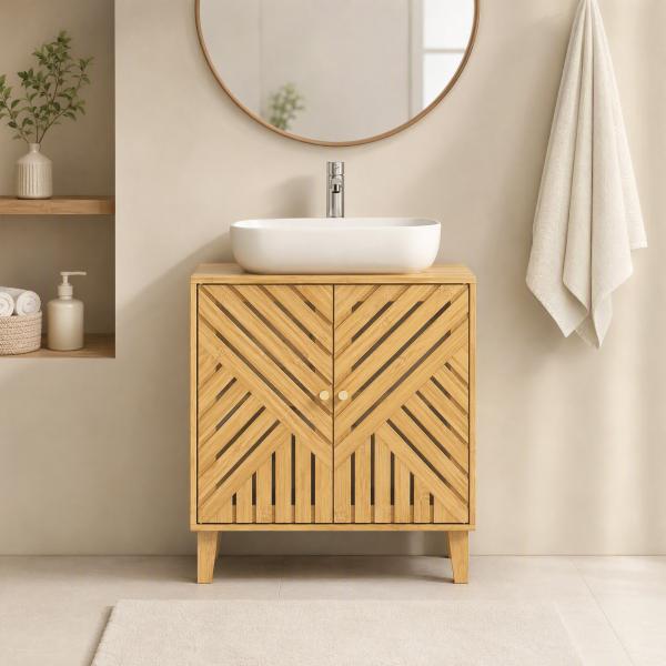 Móvel para Lavatório Pousar em Bambu com Portas Ripadas Armário de Casa de Banho para Lavatório sem Pedestal 60x30x60 cm Madeira