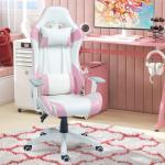 Cadeira Gaming Reclinável com Almofada Lombar Apoio de Cabeça Basculante e Altura Ajustável 67x60x120 - 128 cm Branco e Rosa
