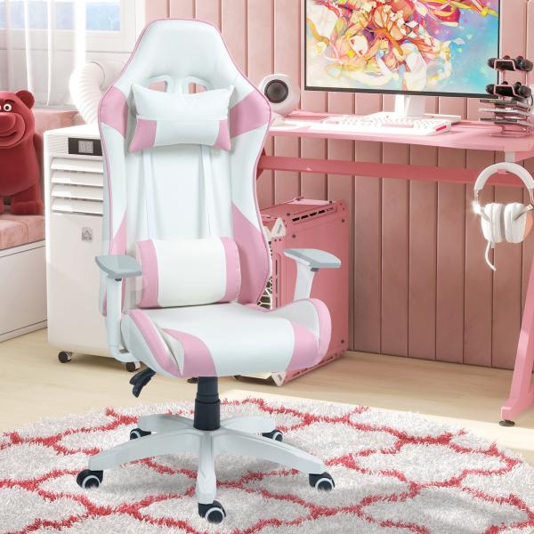 Cadeira Gaming Reclinável com Almofada Lombar Apoio de Cabeça Basculante e Altura Ajustável 67x60x120 - 128 cm Branco e Rosa