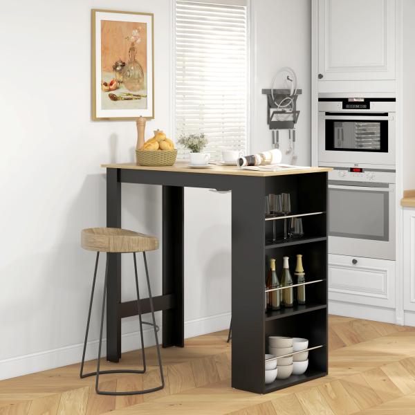 Mesa de Bar com 3 Prateleiras com Suporte Estilo Moderno para Cozinha Sala de Jantar 112x57x106 cm Preto e Madeira