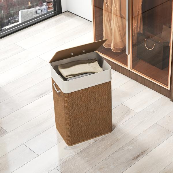 Cesto de Roupa com Tampa 72L Cesto de Roupa de Bambu com Bolsa Interior Removível e Alças 40x30x60 cm Madeira e Creme