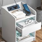 Mesa de Cabeceira com Luzes LED Gaveta Prateleira Estação de Carregamento Entrada USB e Controlo Remoto 40x40x58 cm Branco