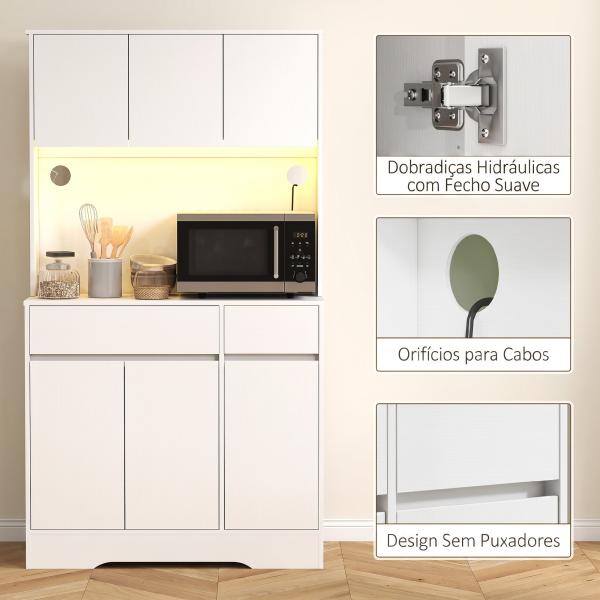 Armário de Cozinha com Luz LED RGB, Bancada para Micro - ondas, 6 Portas, 2 Gavetas, Prateleiras Ajustáveis e Comando à Distância, Branco