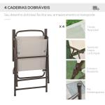 Conjunto de Jardim Refeição 6 Peças com 4 Cadeiras Dobráveis Mesa com Bancada de Vidro e Chapéu de Sol Bege