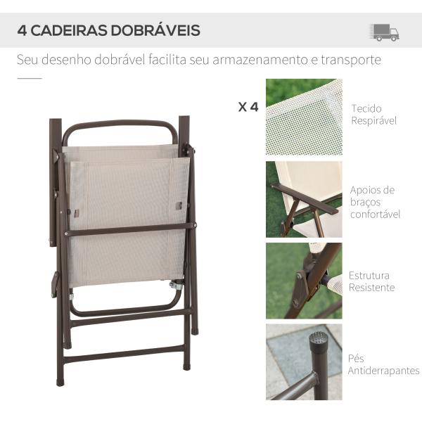 Conjunto de Jardim Refeição 6 Peças com 4 Cadeiras Dobráveis Mesa com Bancada de Vidro e Chapéu de Sol Bege