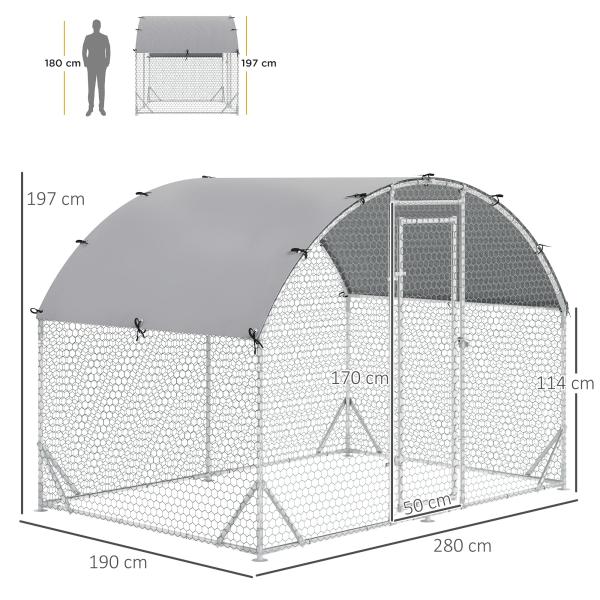 Galinheiro para Exterior para 4 - 6 Galinhas de Aço Galvanizado com Teto de Tecido Oxford 2,8x1,90x1,97 m Prata