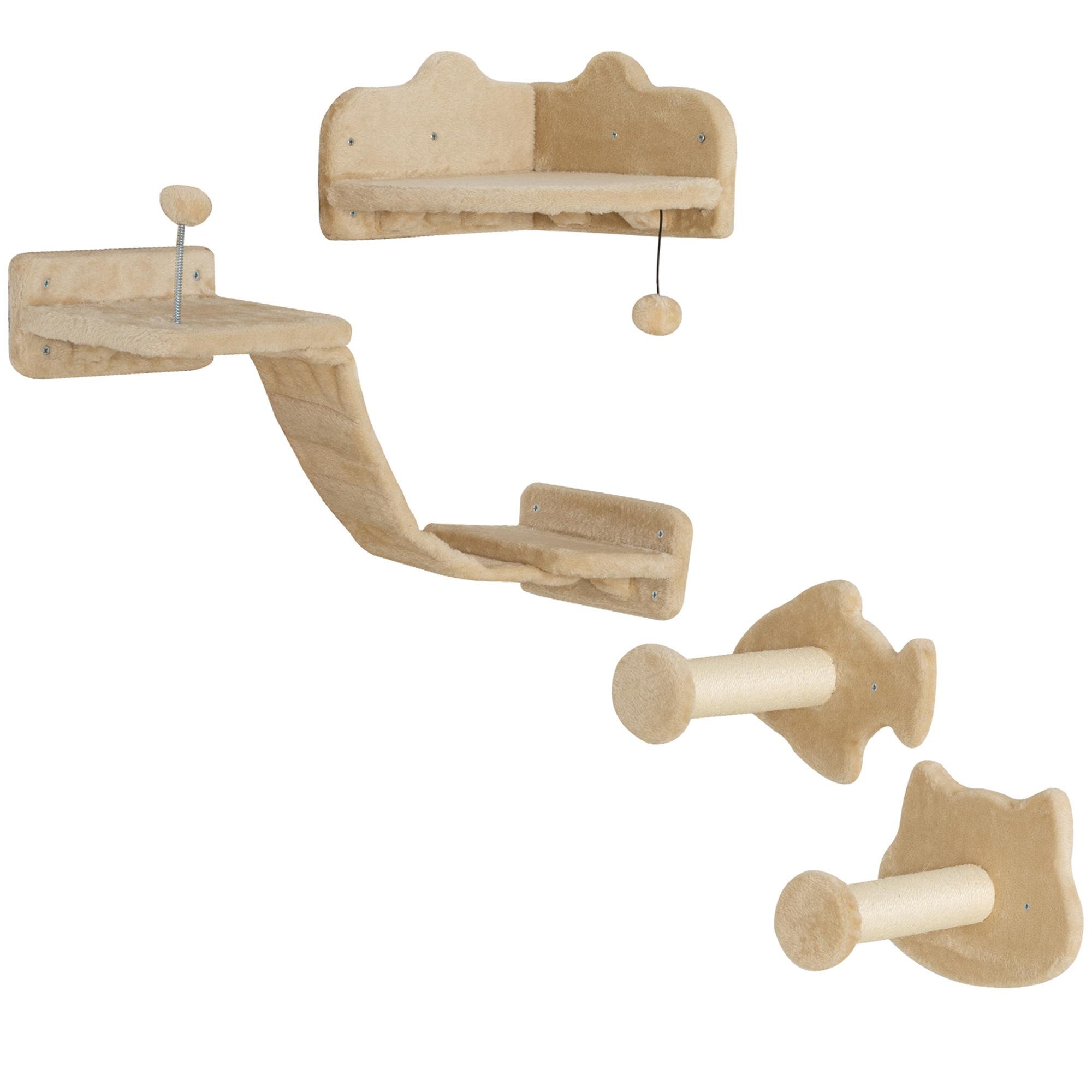 Conjunto de Prateleiras de Escalada para Gatos de 4 Peças com 2 Postes de Sisal e Plataforma para Saltar Bege